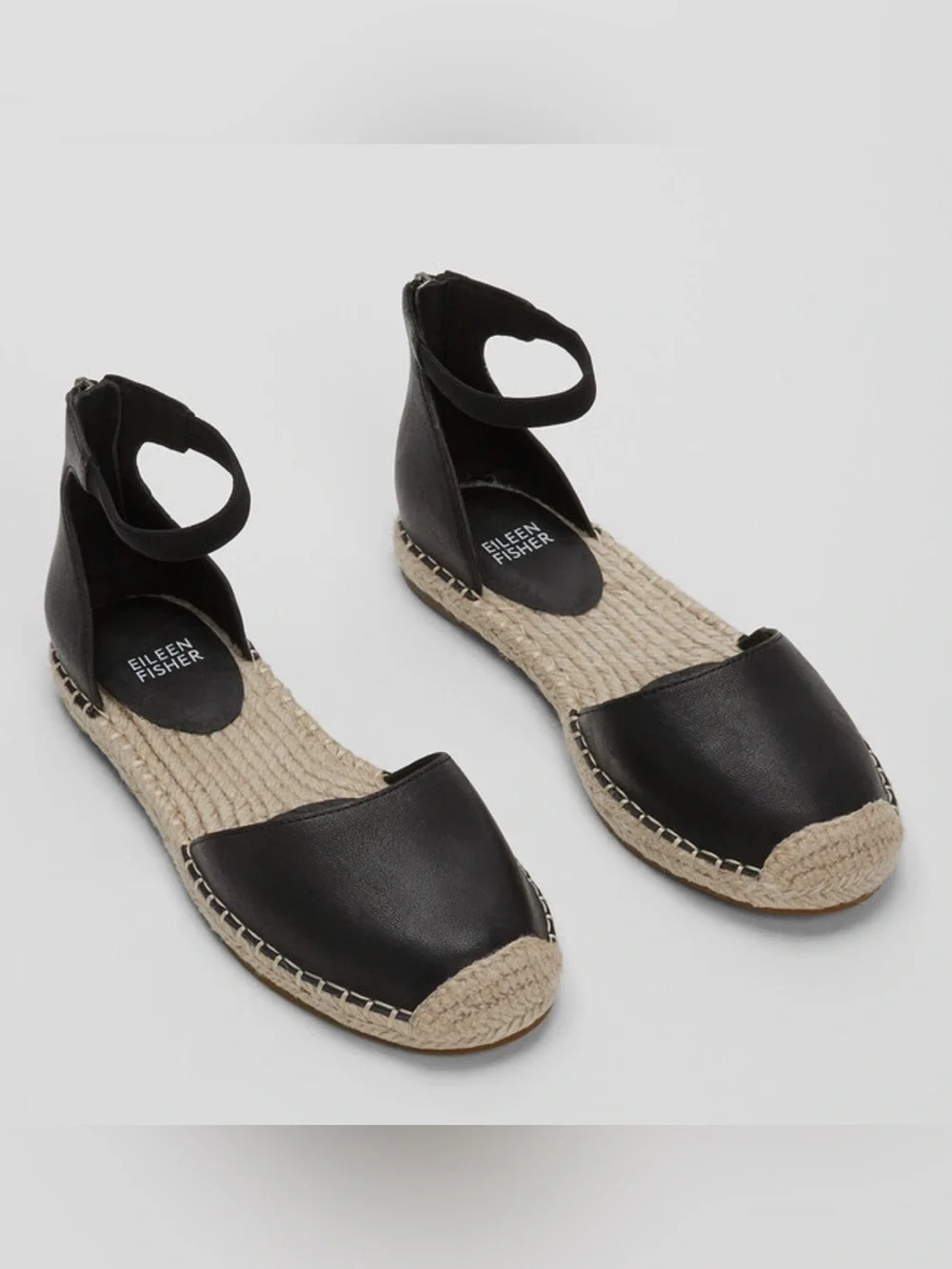 EILEEN FISHER Lala Black Tumbled Leather Ankle Strap Espadrilles Flat Size 6 NEW